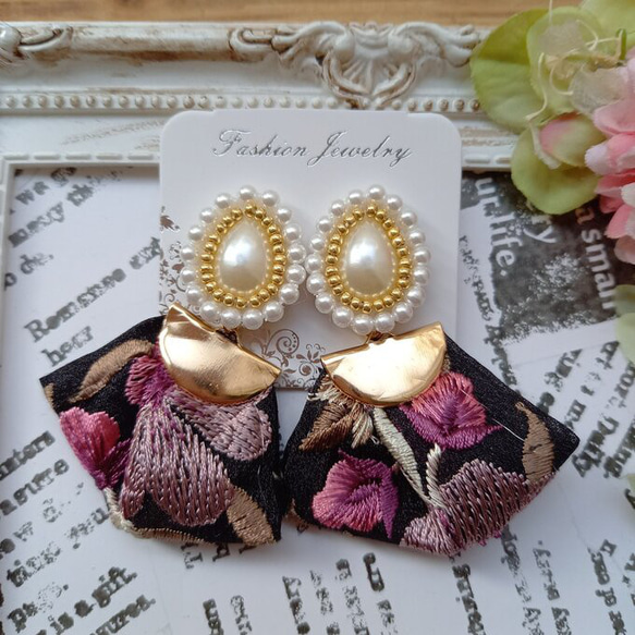 インド刺繍 ビーズ刺繍 ピアス/イヤリング 2way パール おおぶり 