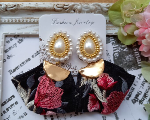 1394 新作*カラフルインド刺繍リボンタッセル*ピンクオレンジカボション 1394 新作*カラフルインド刺繍リボンタッセル*ピンクオレンジ