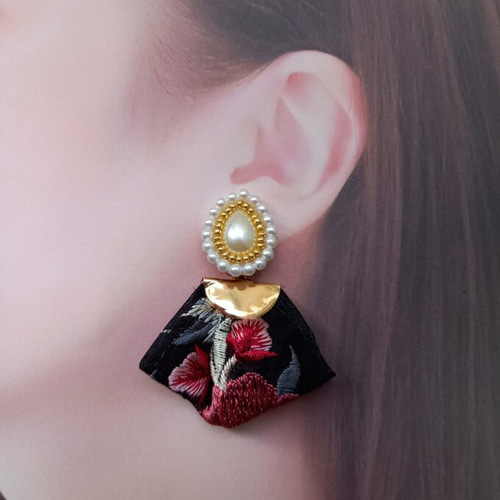 インド刺繍 ビーズ刺繍 ピアス/イヤリング 2way パール おおぶり