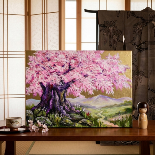 千年の桜」油彩画（F4号 ※サイズ）｜重厚な筆致で描く桜の原画 絵画