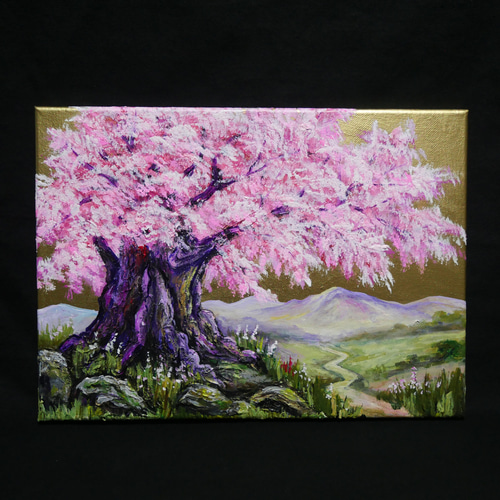 素人の油絵 夜桜 F4号キャンバス 送料無料 Sakura / 夜桜をテーマにした現代アート作品 3連キャンバス 絵画販売