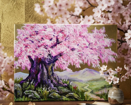 千年の桜」油彩画（F4号 ※サイズ）｜重厚な筆致で描く桜の原画 絵画