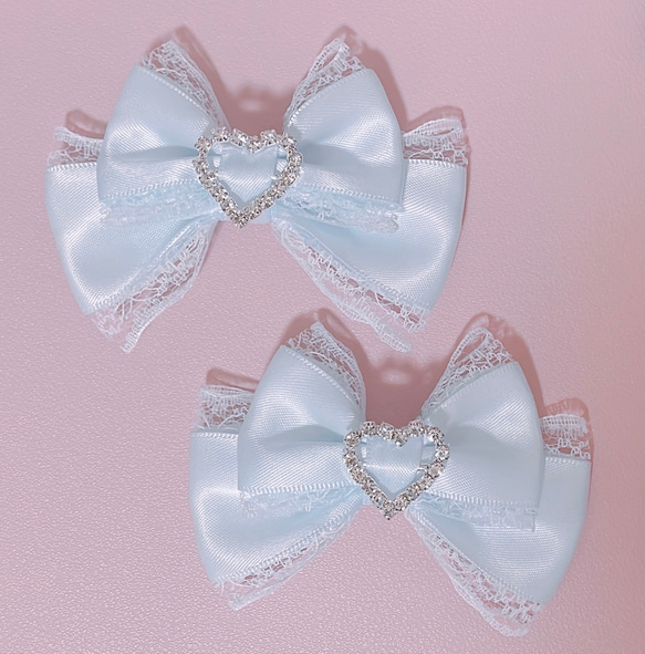 リボンヘアクリップ 薄水色 ハート ♡量産型地雷系ハンドメイド
