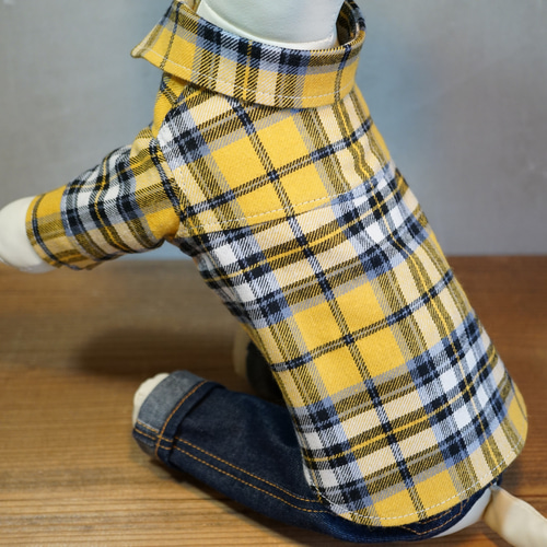 ateliergg 犬服 ボタン付きシャツスタイル 黄色チェック 完売】犬服 マスタードイエローⅡ☆アメカジ好きのためのネルシャツ