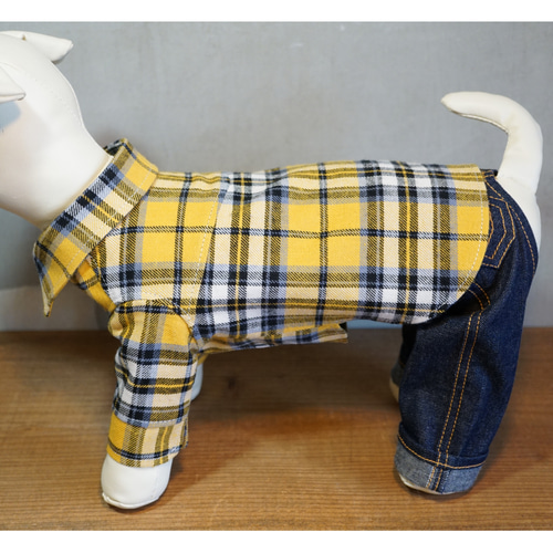 犬用 ネイビーとイエローのチェック柄シャツ 冬服新色✨犬服 マスタードイエローⅡ☆アメカジ好きのための
