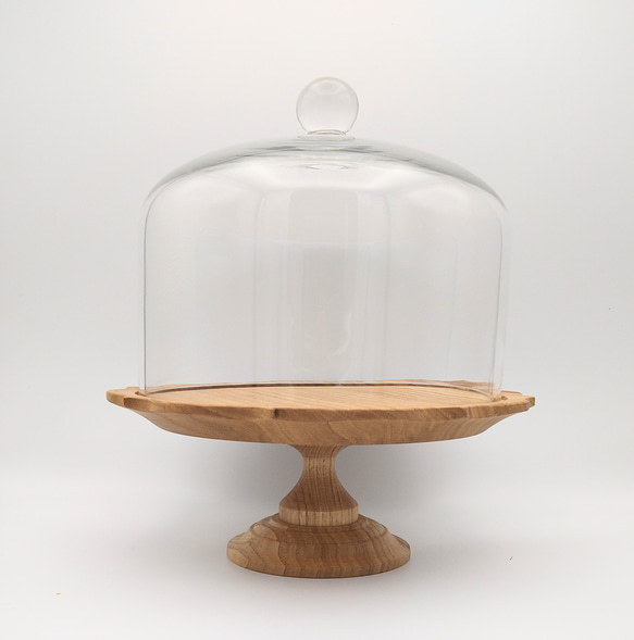 ２３.５センチ　 コンポート ケーキスタンド 　ガラスドーム付き 　木製  クリ  栗　リム小　稜花皿 3枚目の画像