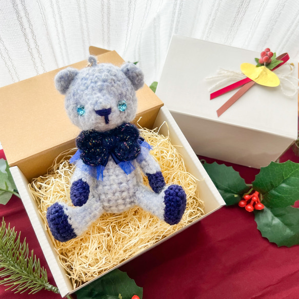 ハンドメイド☆くまお花がま口編みぐるみ☆ストラップ付き