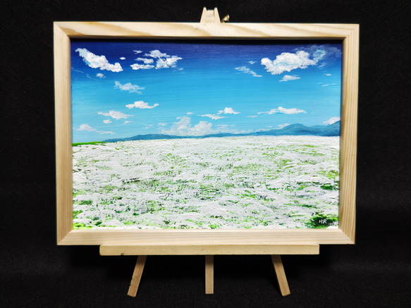 油絵 絵画 空と白いお花畑【A4】