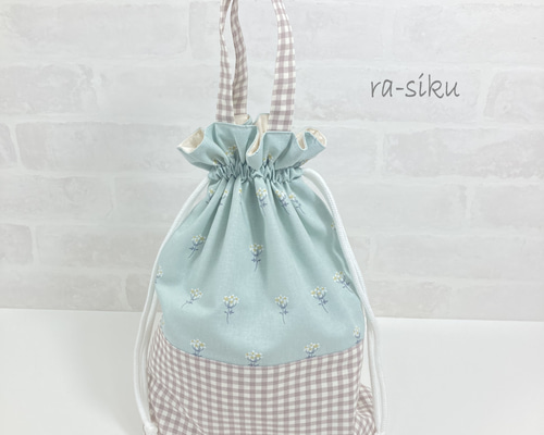 入園入学グッズ＊体操服袋♡上品な白い花が咲くグリーンの生地×くすみ