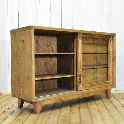送料無料 幅120㎝ 無垢材 キッチンキャビネット 食器棚 リビングボード