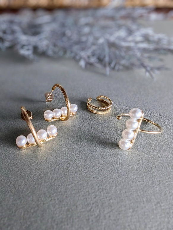 SV925 珍珠耳環、戒指、耳骨夾3件套 第1張的照片