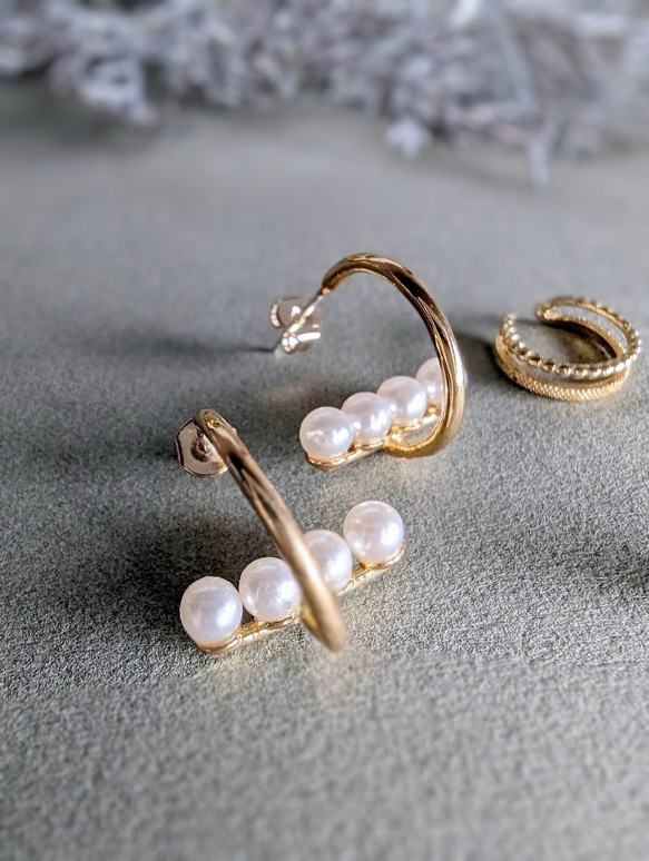 SV925 珍珠耳環、戒指、耳骨夾3件套 第2張的照片