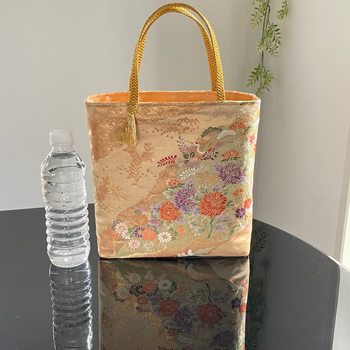 帯リメイクバッグ ゴールドに鶴と花々 B5サイズ トートバッグ
