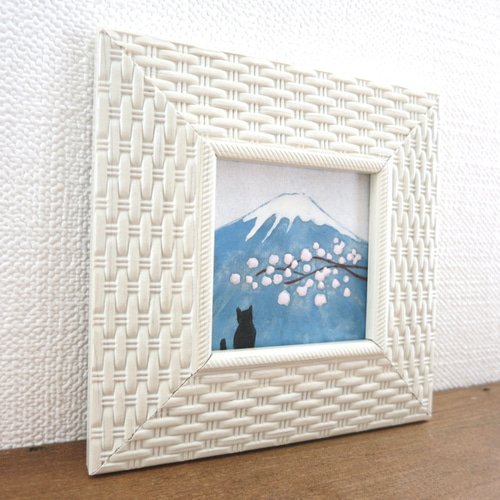 日本画ポスター】富士山と桜と黒猫 絵画 ミニ額付き ミニアートパネル