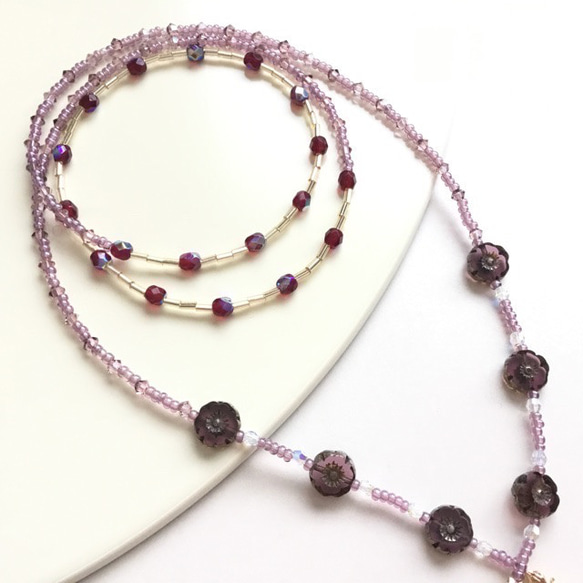 マスクチェーン＊約73cm＊ヴィンテージ風フラワー/purple＊ビーズアクセサリー⇔ネックレスにも♡グラスコードオプシ 3枚目の画像