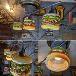 アメリカンダイナー/ バーガーズカフェ シーリングライト/ 3連結式 天井照明 ハンバーガー  ダイニングテーブル 5枚目の画像