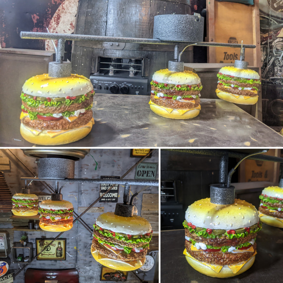 アメリカンダイナー/ バーガーズカフェ シーリングライト/ 3連結式 天井照明 ハンバーガー  ダイニングテーブル 7枚目の画像