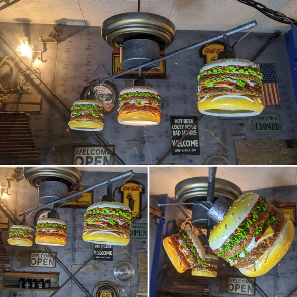 アメリカンダイナー/ バーガーズカフェ シーリングライト/ 3連結式 天井照明 ハンバーガー  ダイニングテーブル 6枚目の画像