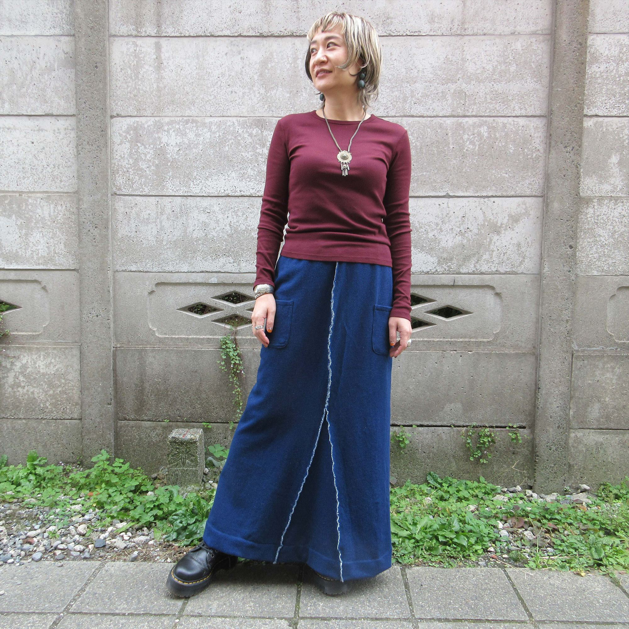 毎日履きたい上質カジュアル【インディゴ染マキシスカート】ニットでラクラク、裏地付き