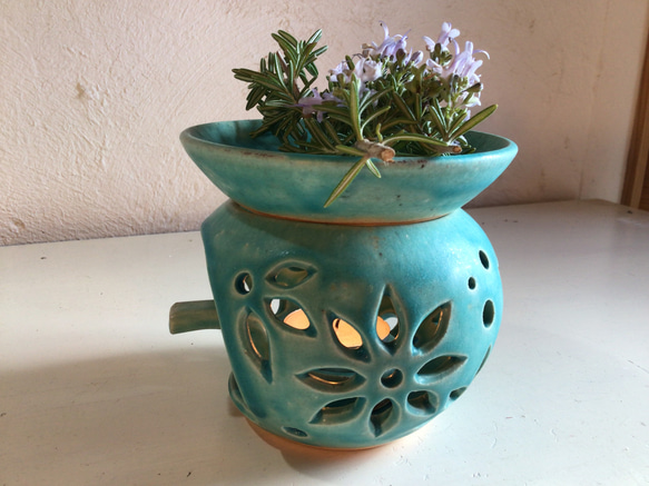 花紋　緑の茶香炉（陶器、トルコ釉使用） 5枚目の画像