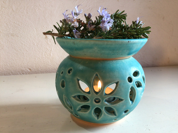 花紋　緑の茶香炉（陶器、トルコ釉使用） 4枚目の画像