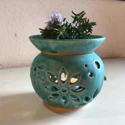 花紋　緑の茶香炉（陶器、トルコ釉使用） 3枚目の画像