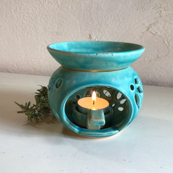 花紋　緑の茶香炉（陶器、トルコ釉使用） 6枚目の画像