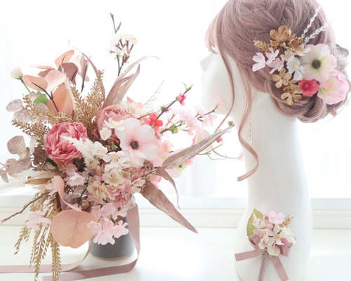 ドライフラワーブライダルブーケ さくらクラシカルピンク パームフラワー