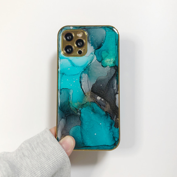 アルコールインクアートiPhoneケース/TPU【ターコイズブラック  