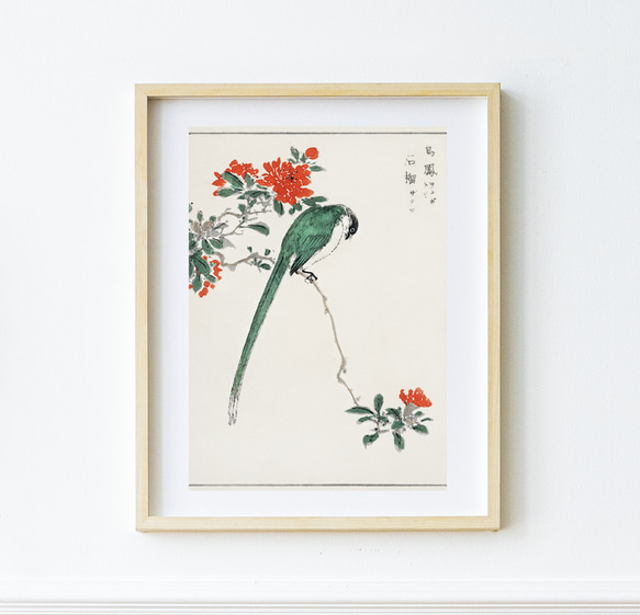 【NO.427】柘榴の花とオナガの日本画アートポスター☆お正月和柄鳥ハガキ2L判A5A4A3A2A1B5B4B3B2B1 1枚目の画像