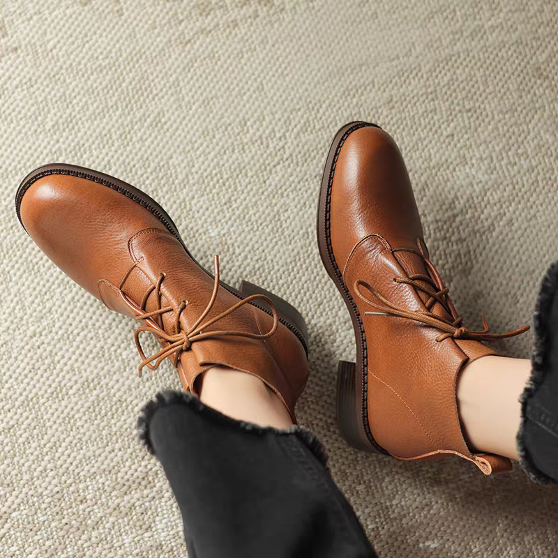 レースアップシューズ 本革 革靴 編み上げ ブーツ ローヒール 歩きやすい ブーツ レディース ショート ブーツ 秋色 7,795円