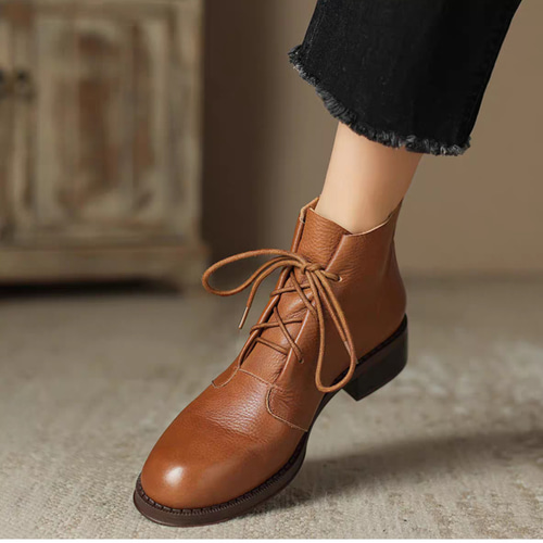 レースアップシューズ 本革 革靴 編み上げ ブーツ ローヒール 歩き