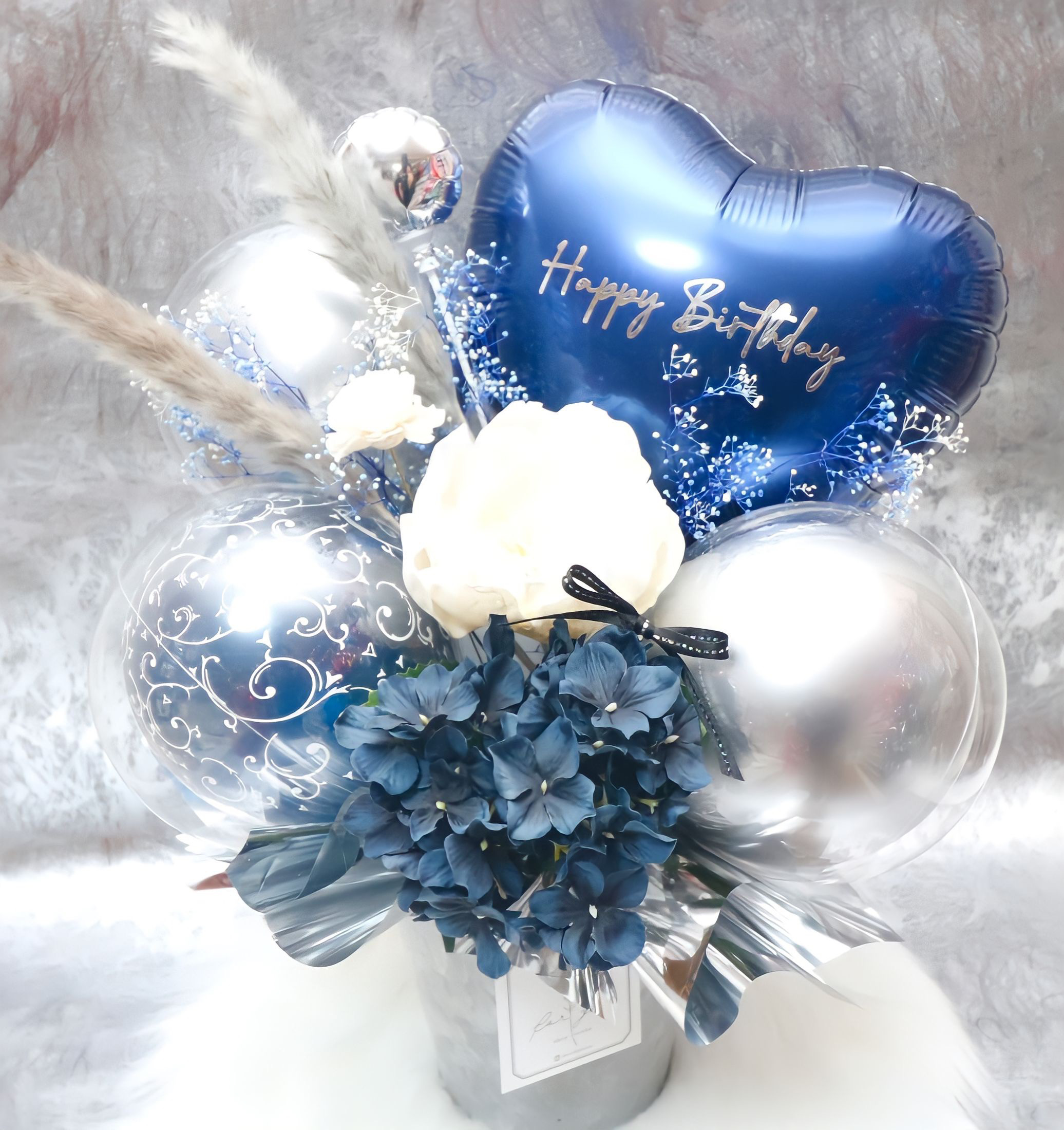 文字入れ出来るバルーンアレンジ(ネイビー&シルバー) 結婚祝い 誕生日祝い 開店祝い 周年祝い