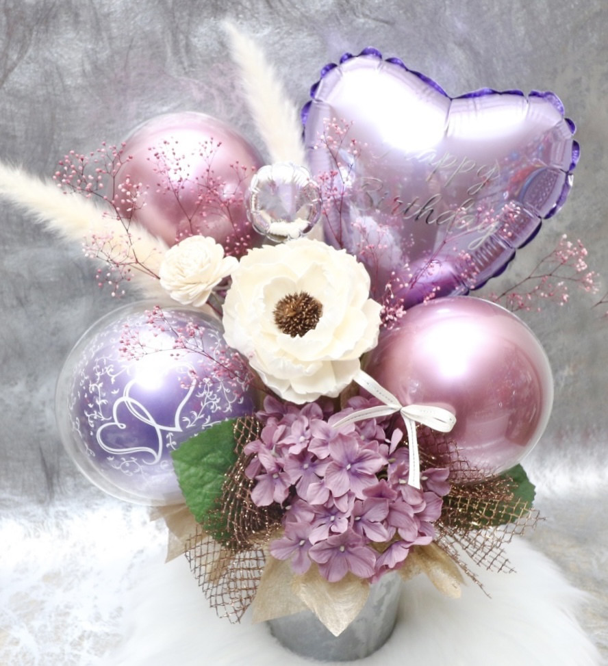 文字入れ出来るバルーンアレンジ(ラベンダー&モーブ) 結婚祝い 誕生日祝い 開店祝い 周年祝い