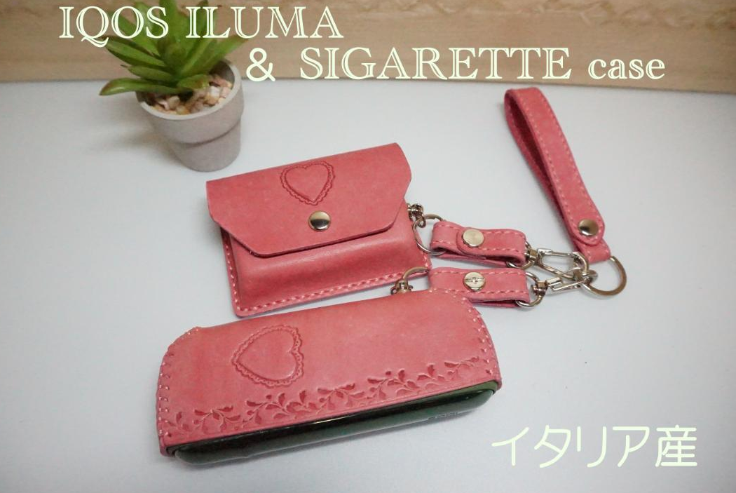 アイコスイルマ＆タバコケース  持ち手ベルトループ付　イタリア産ピンク