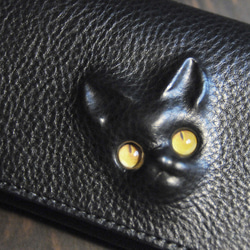 訳あり特価 黒猫の長財布（表革：VACCHETTA800、仮セット猫目：琥珀色eyes）約257ｇ 猫目選べます♪ 3枚目の画像
