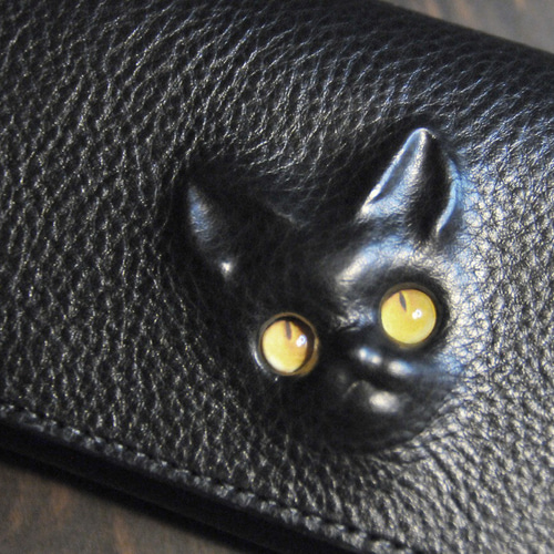 訳あり特価 黒猫の長財布（表革：VACCHETTA800、仮セット猫目：琥珀色