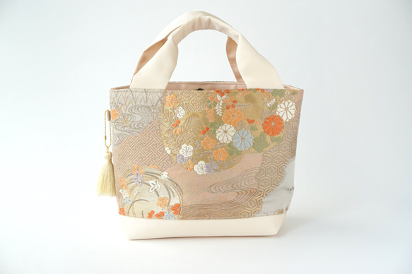 [Nishijin Woven Hattori Woven Beige/Gold Flower Pattern Silk Bel 第2張的照片