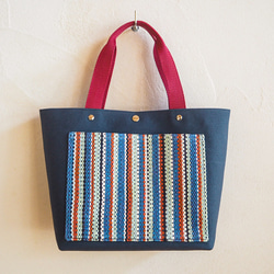 【SALE】手織りノルディックカラーストライプのミニトート（ブルー） 2枚目の画像