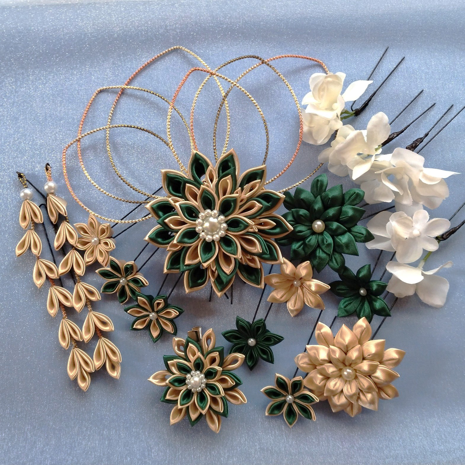 洋風つまみ細工＊髪飾り・ヘッドドレス【緑金】豪華セット　下がり、水引風飾り付き・成人式・結婚式等