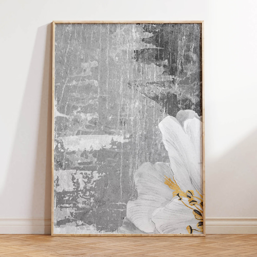 アートポスター 白い花 抽象画 北欧風 モダン ゴールド グレー