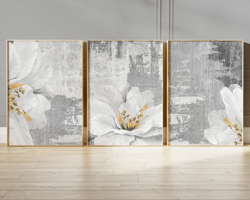 モダン白花アートパネル グレー背景 北欧インテリア抽象画 ゴールド