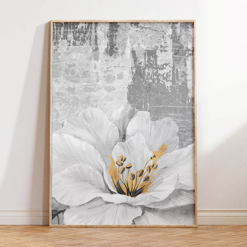 モダン白花アートパネル グレー背景 北欧インテリア抽象画 ゴールド
