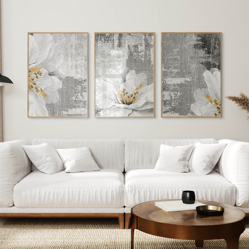 アートポスター 白い花 抽象画 北欧風 モダン ゴールド グレー