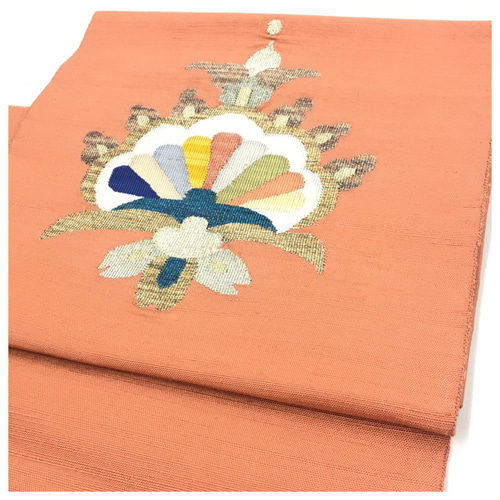 美品 織り 二部式 名古屋帯 付け帯 サーモンオレンジ お太鼓柄 正絹