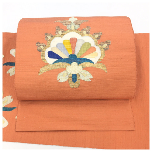 美品 織り 二部式 名古屋帯 付け帯 サーモンオレンジ お太鼓柄 正絹