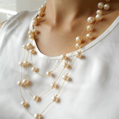 花霞』淡水本真珠バロックパール3連のネックレス・K16GP ネックレス