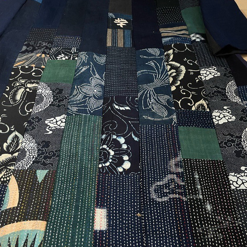 藍染　ろうけつ染め　刺し子パッチワークロングワンピース　ハンドメイド 綿色々型染め刺し子藍パッチワークワンピース コート ぷちまま 通販