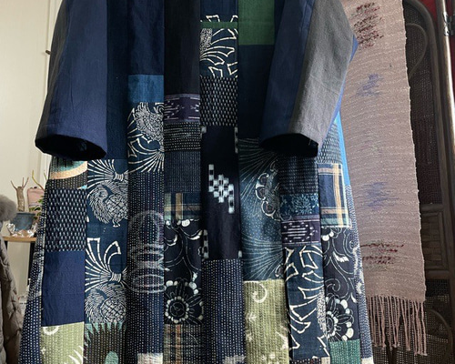 藍染　ろうけつ染め　刺し子パッチワークロングワンピース　ハンドメイド 綿色々型染め刺し子藍パッチワークワンピース コート ぷちまま 通販