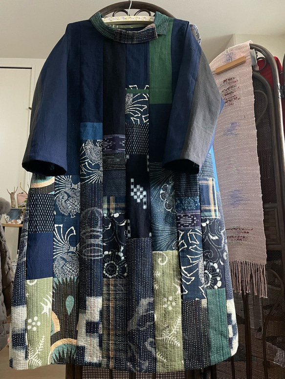 藍染めパッチワークワンピース コットンパッチ藍染めワンピース